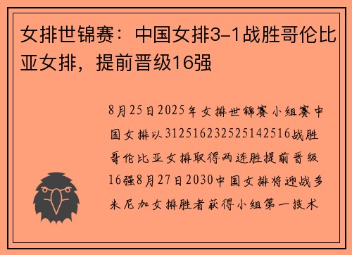 女排世锦赛：中国女排3-1战胜哥伦比亚女排，提前晋级16强